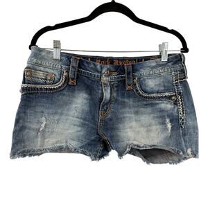 Rock Revival Donna Short Women's 30 Blue Denim Heavy Stitching Frayed Pockets